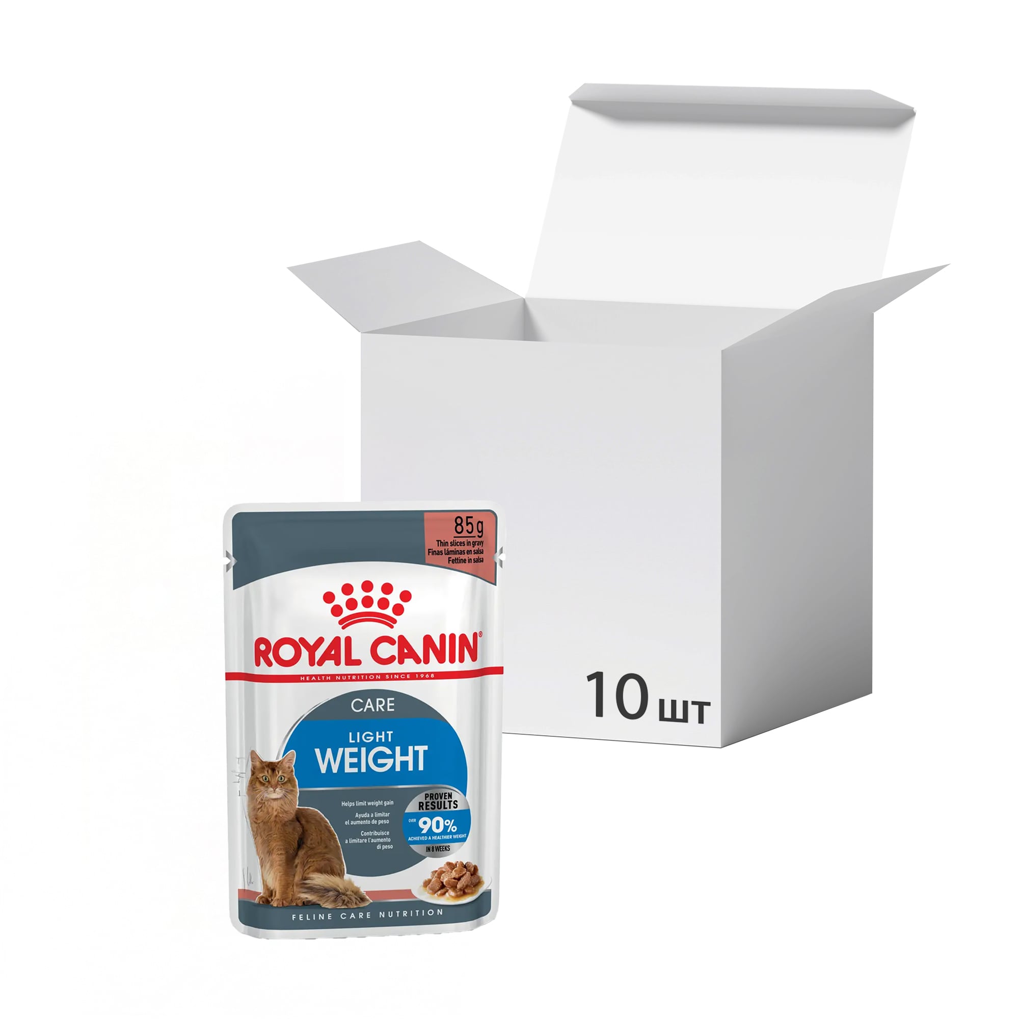 Упаковка вологого корму для дорослих котів Royal Canin Light Weight Care шматочки в соусі, для зниження зайвої ваги, 85 г * 10 шт